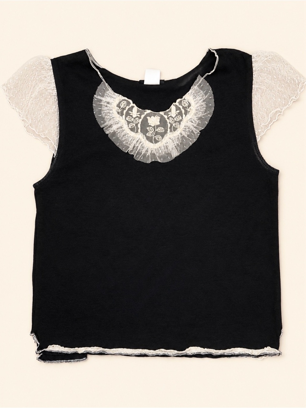 Anna Sui Black Top with Cream Lace Collar and Cap Sleeves